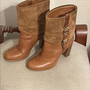 Michael Kors Cognac Leather & Suede Buckle Ankle Boots